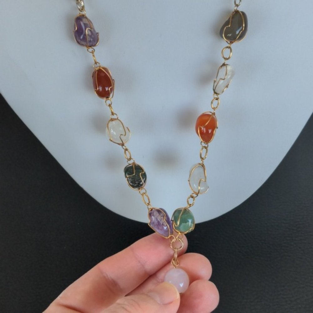 Vintage handmade necklace with natural amethyst, rose quartz, carnelian